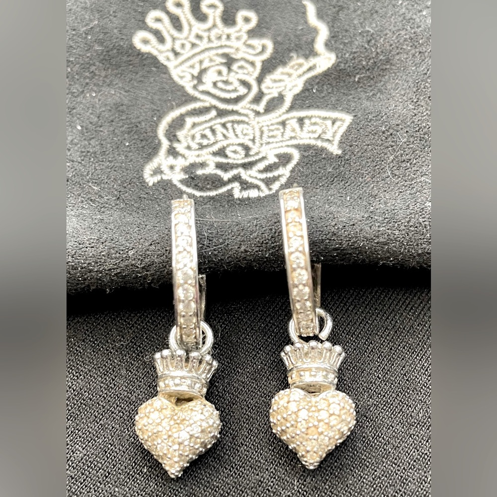 King Baby CZ Pave 3-D puff heart earring with pave hoop.